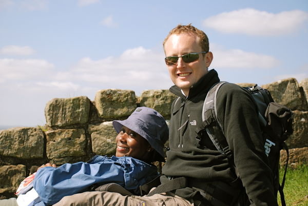 Lav and Steve taking things easy at Hadrian's Wall. Pennine Way, Northumberland