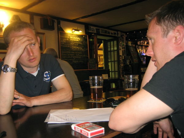 The Heat is On: Steve and Malcolm with the Burch thinking caps on in the Rock and Roll quiz round. The Twice Brewed Inn, Northumberland