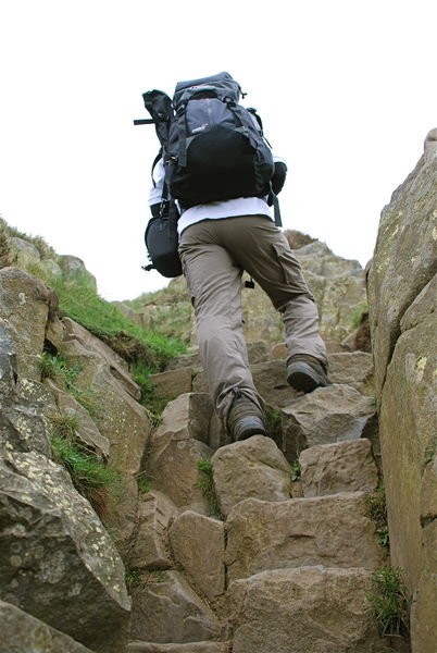 Steve heading up some very steep steps. Hadrian's Wall. Pennine Way, Northumberland
