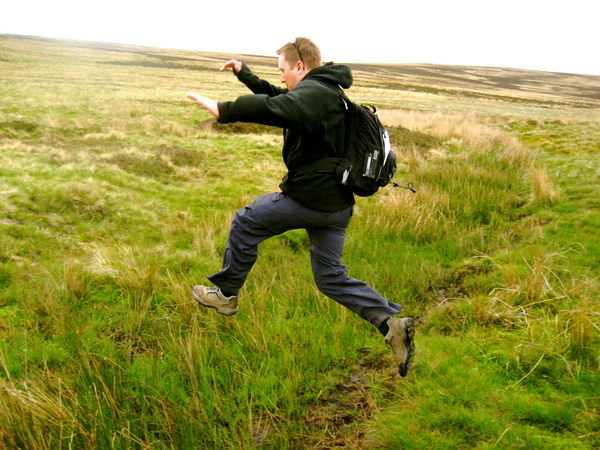 Bog Jumping - not wanting to make the same mistake as Lav, Malcolm turns to bog jumping. Pennine Way, Northumberland