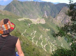 overlooking road winding up to Macchu Picchu