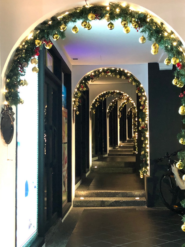 Christmas decorations on the hotel arches