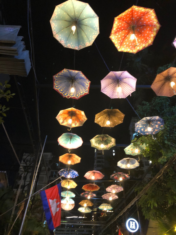 The colourful umbrella lights above Pub Street 