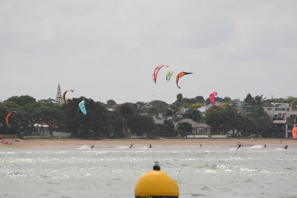 Kiteboarders on the approach to Auckland