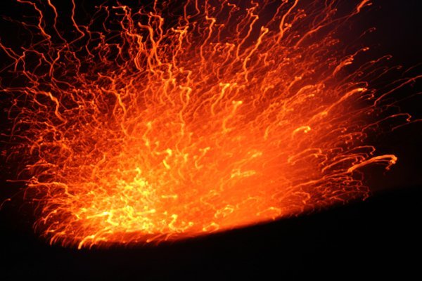 not only does molten lava shoot into the air it also descends all around the spectators