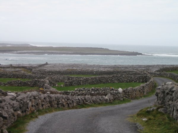 The island is covered with rock walls