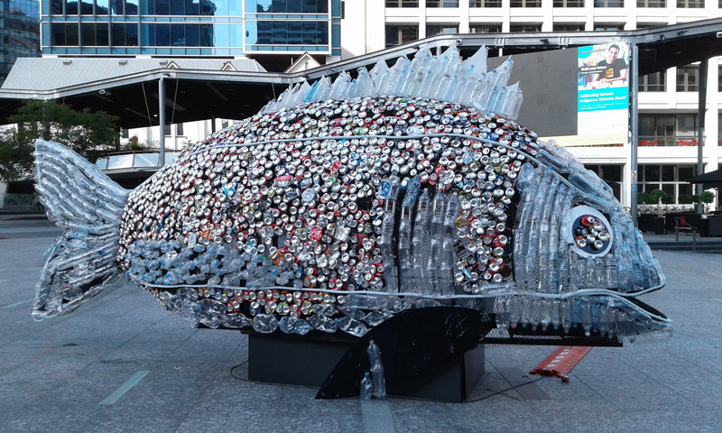 Fish made from bottles and cans at Brisbane CBD