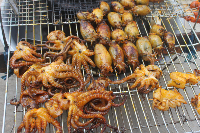 Grilled squid and octopus at the beach in Long Hải town