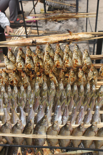 Baking fishes outside Đền Trình temple