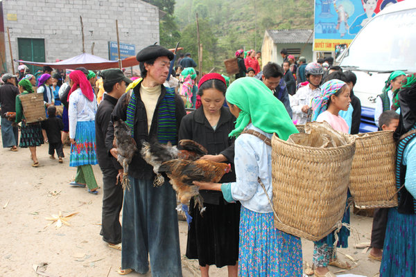Selling chickens at Lũng Phìn market