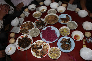 Food at the wedding party of the Dzao people