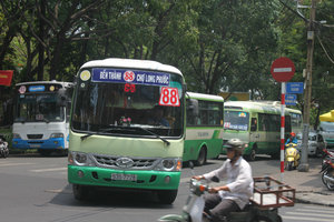 Green bus and blue bus on a street