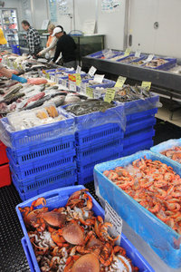 Crabs & fishes at the fish market in Inala
