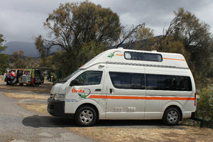 Our campervan at caravan park in Hobart
