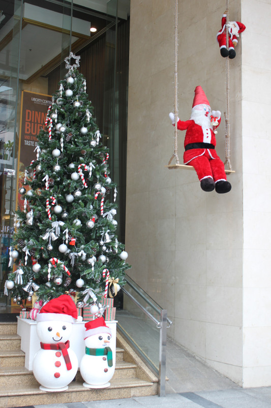 Christmas decorations outside a hotel