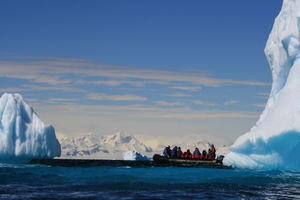 Zodiac cruising the icebergs