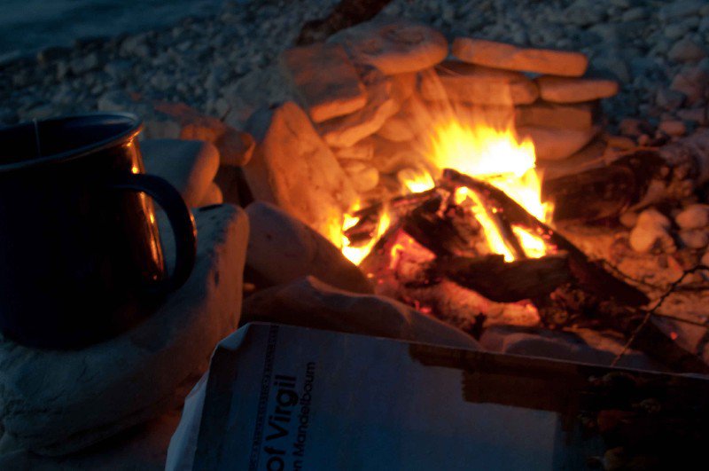 Tea, book, and fire