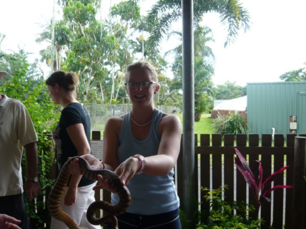 Michelle terrified of the python.