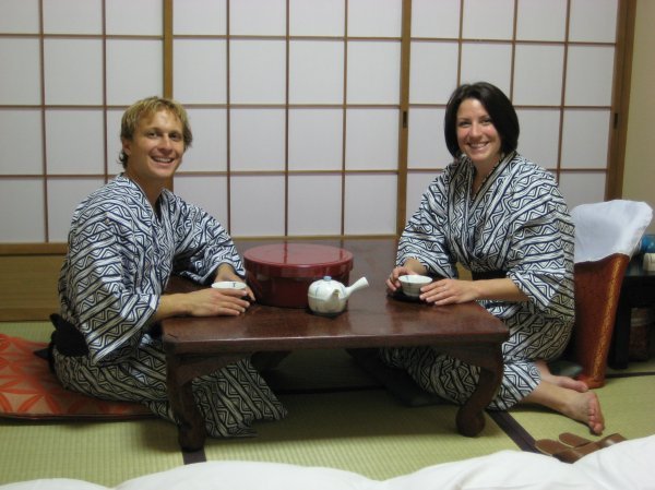 Enjoying tea at our ryoken (Japanese inn)