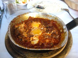 Shakshuka: eggs and tangy stewed tomatoes