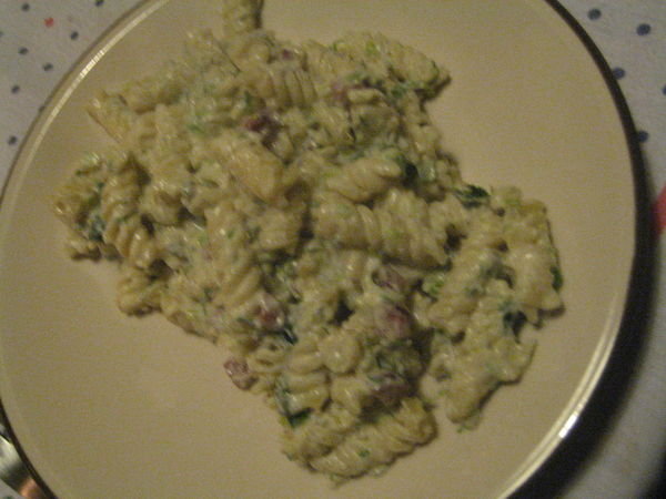 Delicious pasta and chicken and broccoli.