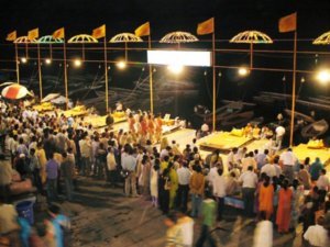 Priests perform the ceremony at the ghats, Varanasi