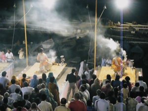 Priests perform at the ceremony at the ghats, Varanasi
