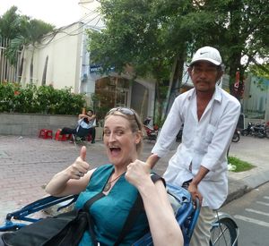 Lottie enjoying the crazy cylco tour of HCMC