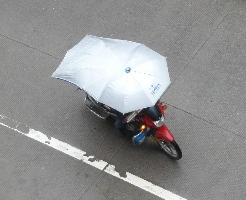 One of the moped extended umbrella contraptions used to keep off the rain
