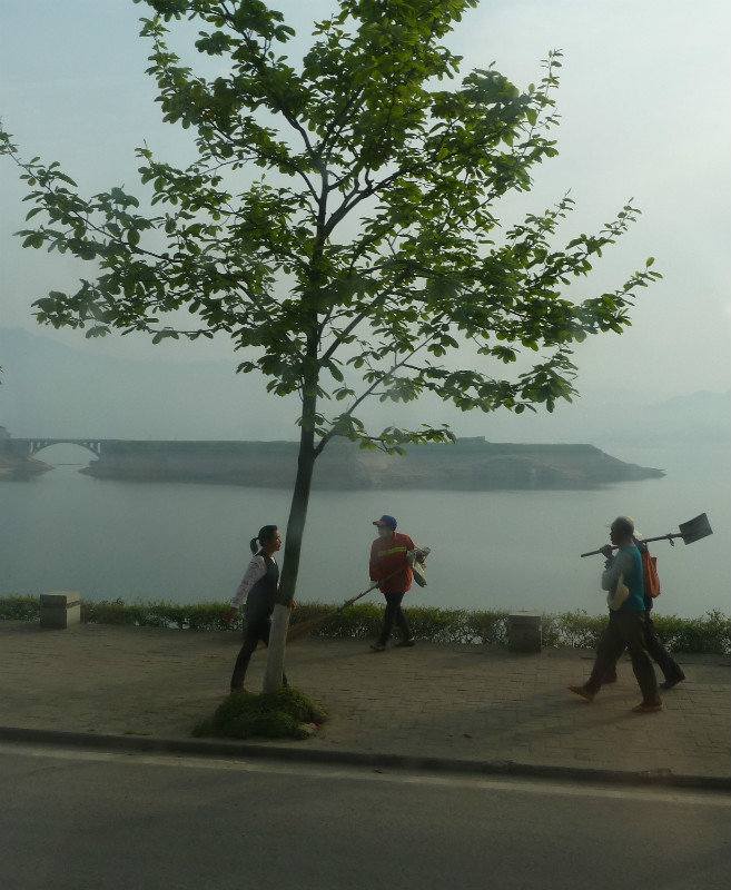Early morning workers and commuters near the Three Gorges Dam