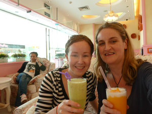 Enjoying smoothies at the bar before getting our sleeper train to Chengdu.