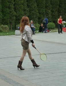 Memorial park, Chengu - badminton in high heels!