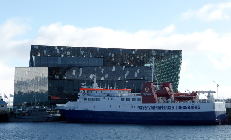 Massive ship docked near the Harpa Concert Hall