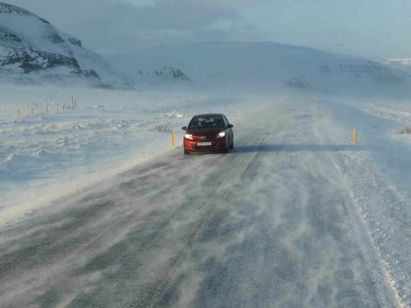 Snow blown roads on the way back to Reykjavik