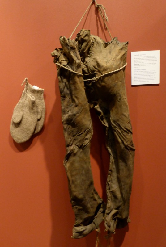 Skins worn by fishermen. These were softened with fish oil. They also wore pants and socks made from skins!