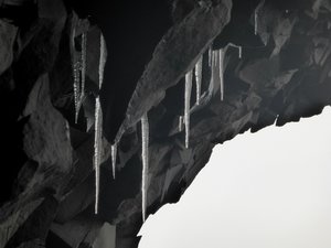 Icicles inside the basalt rock cave