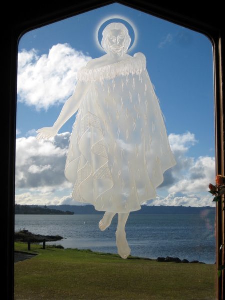 Christ in a Maori cloak walking on Lake Rotorua
