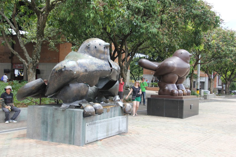 Botero Bird of Peace sculptures, the left one was the site of a bomb in 1995 during a busy concert killing 23.