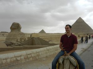 Michael riding his camel by the Sphinx