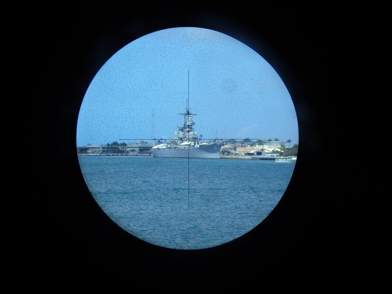 The USS Missouri through the binoculars on the USS Bowfin