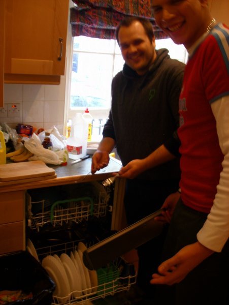 The boys doing dishes, yay!