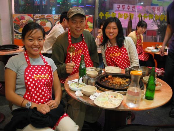 after dinner with our lovely red polka-dotted aprons donned