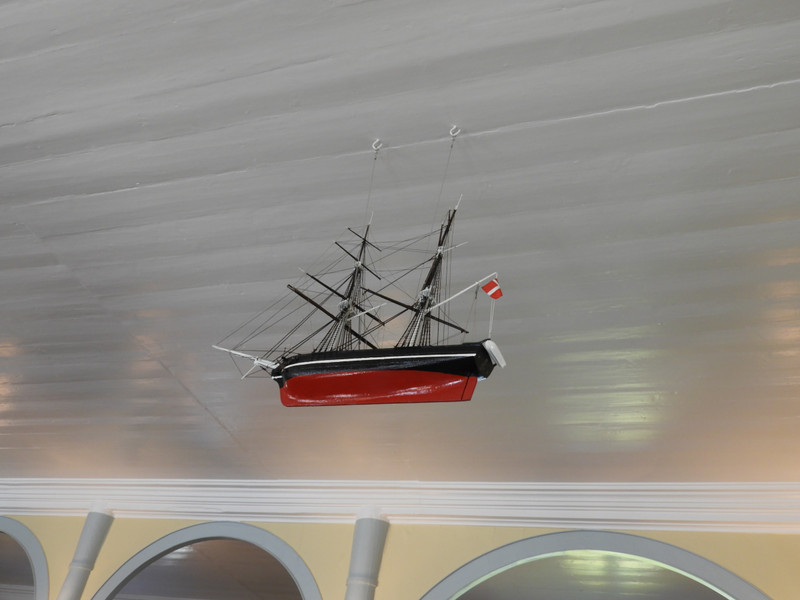 Ship hanging from ceiling in old church in Qaqortoq