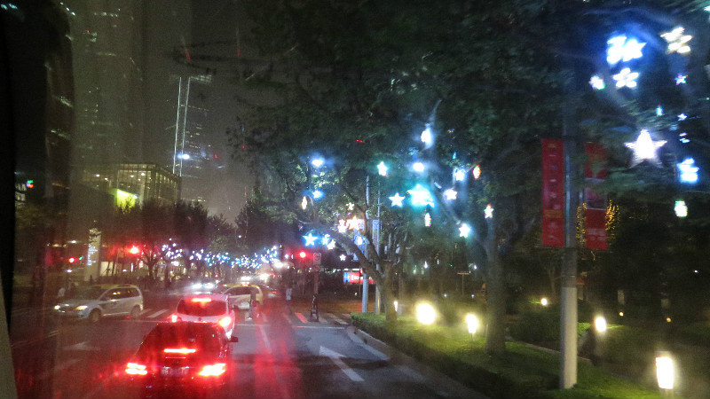 View or starred trees at night on street near Theater