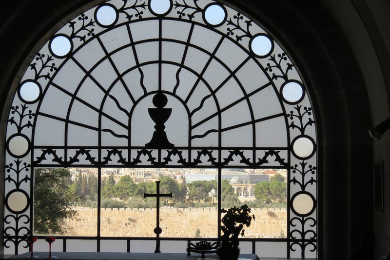 Window at Dominus Flevit where Jesus wept over Jerusalem.  
