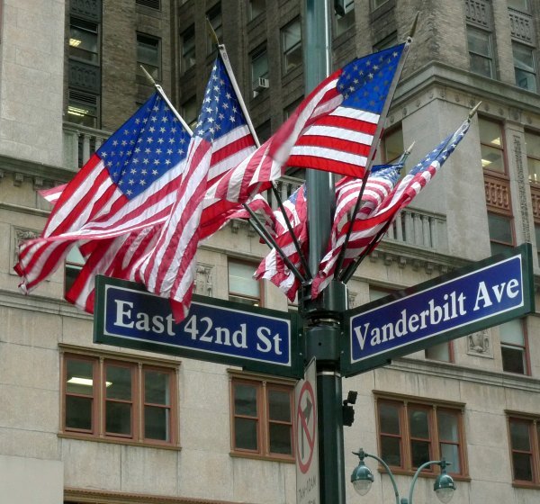 Patriotic flags outside Grand Central