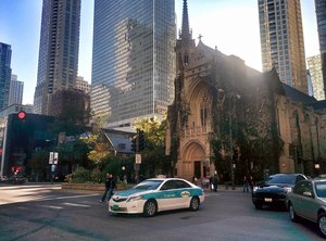 Church dwarfed by skyscrapers