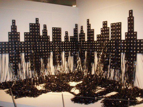 A cool exhibit - a skyline made from video tapes