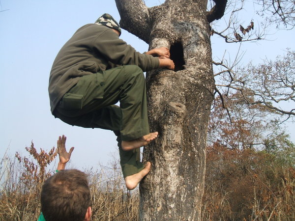 Bishnu climbing a tree