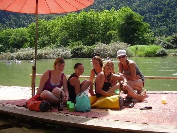 Alice, Zoe, Laura, Clare and Phil at one of the tubing bars
